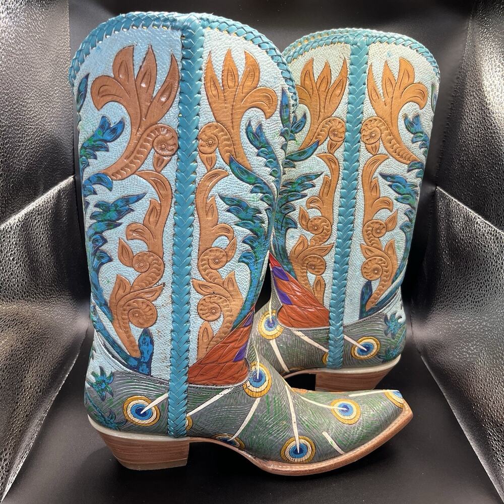 Carrie Cameron Peacock Boots Women's 8.5B Hand Tooled Painted Leather Western - Picture 3 of 16